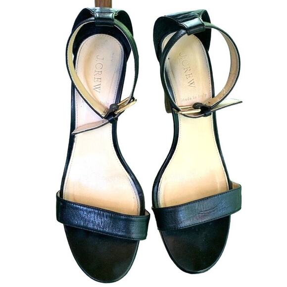 J. Crew Black Leather Ankle Wrap Chunky High Heel Sandal Size 8 - Picture 2 of 5